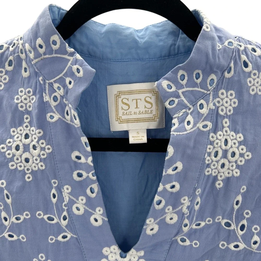 Sail to Sable STS Blue Eyelet Cotton Floral Tiered Mini Dress Small Preppy Party - Picture 4 of 8